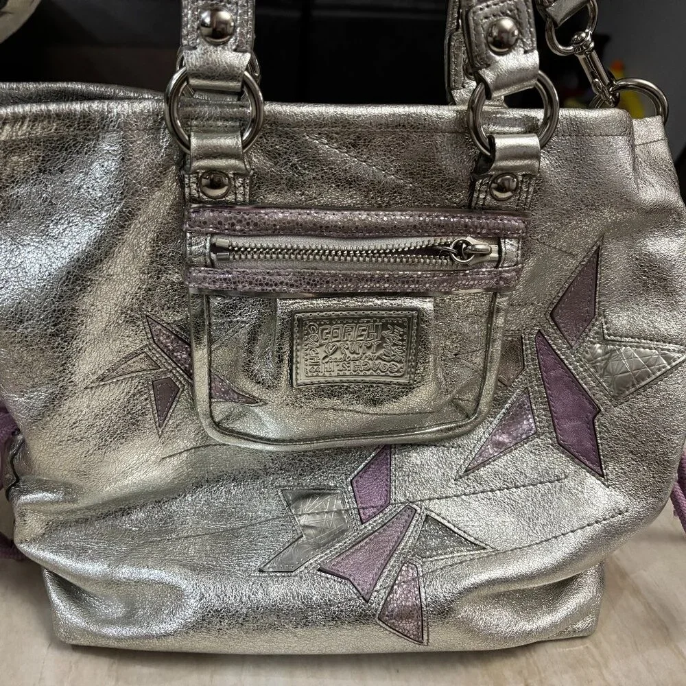 Coach Poppy Metallic Silver Leather Star Appliqué Tote Bag Purple Y2K - Picture 1 of 10